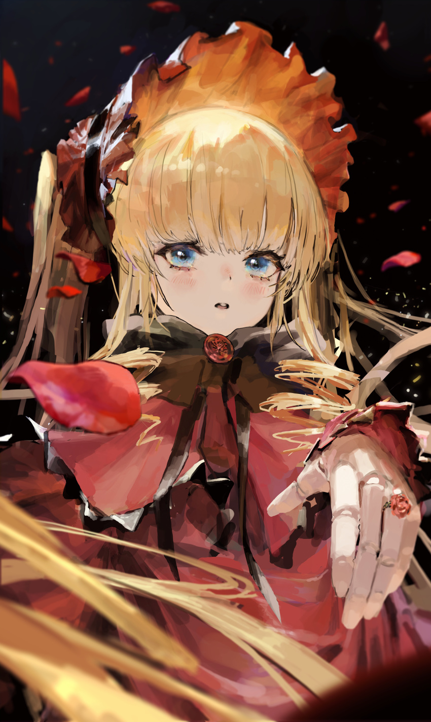 1girl absurdres bangs black_background blonde_hair blue_eyes blush bonnet capelet doll doll_joints dress falling_petals flower highres jewelry joints long_hair looking_at_viewer open_mouth parted_lips petals red_capelet red_dress red_headwear ring rose rose_petals rozen_maiden rsef shinku sidelocks simple_background solo twintails upper_body very_long_hair