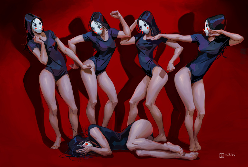 5girls absurdres black_hair black_leotard breasts dated fetal_position hands_on_own_face highres incredibly_absurdres leotard lying mask medium_breasts multiple_girls on_side original pose red_background shadow signature tb_choi12 thighs
