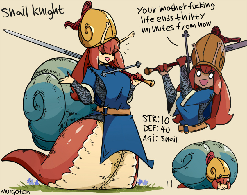 1girl :d armor bangs belt black_eyes breasts brown_hair chainmail english_text helmet highres holding holding_sword holding_weapon looking_at_viewer murgoten original over_shoulder smile snail_girl snail_shell sword weapon weapon_over_shoulder