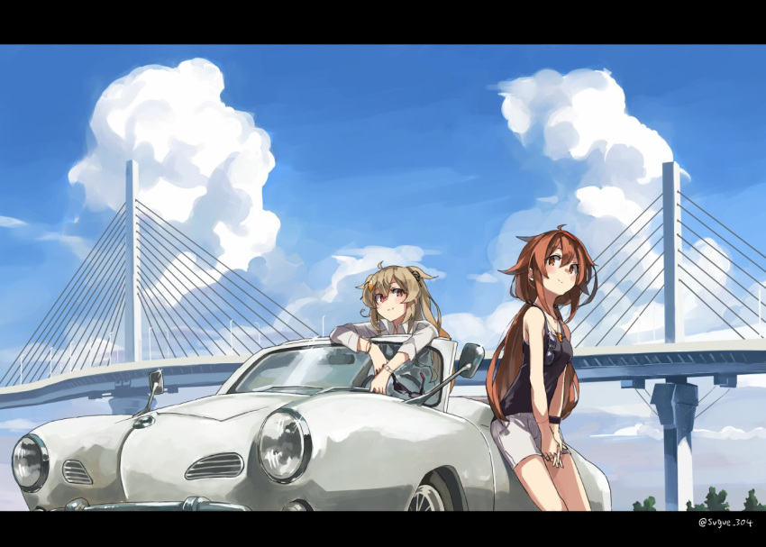 2girls alternate_costume bangs black_ribbon black_tank_top bracelet breasts bridge brown_eyes brown_hair car clouds commentary_request day eyewear_hang eyewear_removed ground_vehicle hair_ornament hair_ribbon hairband hairclip heterochromia holding holding_eyewear jewelry kantai_collection letterboxed light_brown_hair long_hair looking_at_viewer medium_breasts motor_vehicle multiple_girls murasame_(kancolle) murasame_kai_ni_(kancolle) outdoors red_eyes red_hairband ribbon shiratsuyu_(kancolle) shiratsuyu_kai_ni_(kancolle) shirt shorts sky smile sugue_tettou sunglasses tank_top twitter_username two_side_up whistle whistle_around_neck white_shirt white_shorts