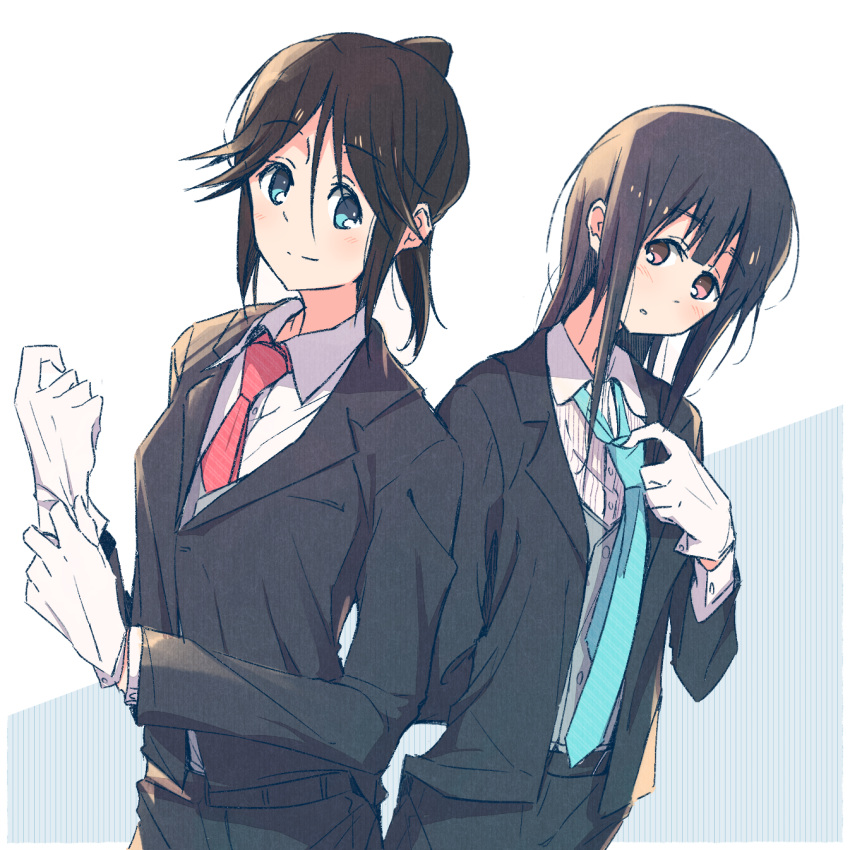 2girls bangs black_hair black_jacket black_pants blazer blue_eyes blue_hair blue_necktie blush closed_mouth collared_shirt dress_shirt formal gloves hands_up hibike!_euphonium highres jacket kasaki_nozomi liz_to_aoi_tori long_hair long_sleeves looking_at_viewer multiple_girls necktie pants parted_lips pink_eyes ponytail red_necktie sawara65 shirt smile standing suit white_gloves white_shirt yoroizuka_mizore