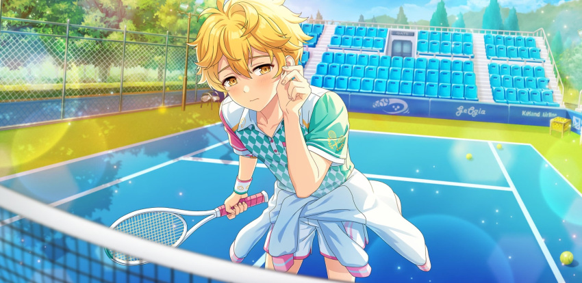 1boy afterl!fe blonde_hair blush closed_mouth ell_(afterl!fe) facing_viewer highres looking_to_the_side male_focus official_art playing_sports racket second-party_source short_hair solo tennis tennis_court tennis_racket yellow_eyes