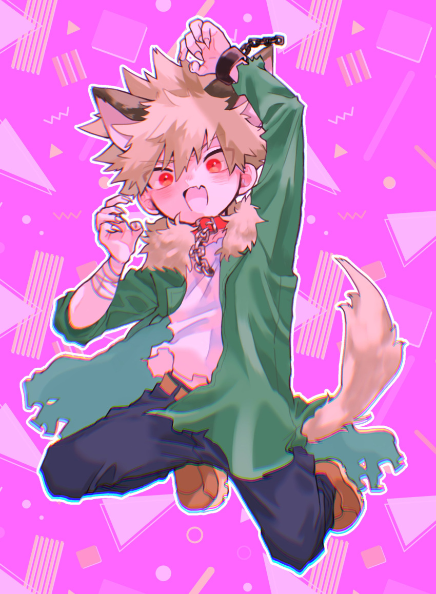 1boy absurdres animal_ears arm_up bakugou_katsuki bamu_mex bandaged_arm bandages belt black_pants blonde_hair boku_no_hero_academia brown_footwear chain chromatic_aberration collar commentary_request fang fingernails full_body fur-trimmed_jacket fur_trim green_jacket highres jacket long_sleeves looking_at_viewer male_focus open_mouth outline pants pink_background red_collar red_eyes sharp_fingernails shirt shoes short_hair skin_fang smile solo spiky_hair tail white_outline white_shirt wolf_boy wolf_ears wolf_tail