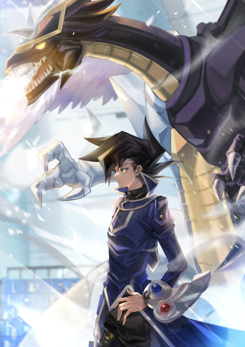 1boy absurdres bangs black_hair coat dragon duel_academy_uniform_(yu-gi-oh!_gx) duel_disk duel_monster feet_out_of_frame from_side gogoshitai hair_between_eyes highres light_and_darkness_dragon long_sleeves looking_to_the_side male_focus manjoume_jun school_uniform shirt snow solo spiky_hair standing yu-gi-oh! yu-gi-oh!_gx