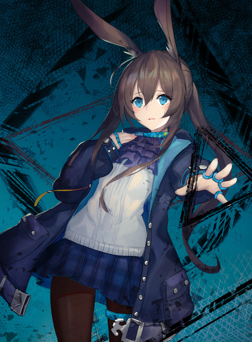 1girl amiya_(arknights) arknights ascot black_jacket black_pantyhose blue_ascot blue_background blue_collar blue_eyes blue_skirt brown_hair collar cowboy_shot diamond_(shape) hair_between_eyes hands_up highres jacket jewelry long_sleeves multiple_rings neck_ring open_clothes open_jacket open_mouth outstretched_arm pantyhose parted_lips plaid plaid_skirt ponytail ring shirt shiyashiki sidelocks skirt solo thighlet white_shirt
