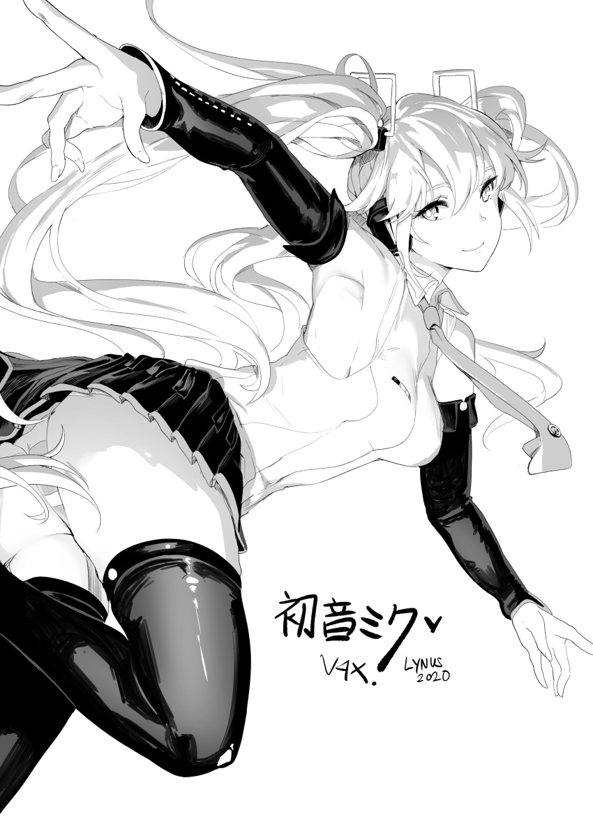 1girl 2020 absurdres armpits breasts dated detached_sleeves hair_between_eyes hatsune_miku highres long_hair looking_at_viewer lynus medium_breasts miniskirt monochrome necktie panties pleated_skirt skirt solo striped striped_panties thigh-highs twintails underwear upskirt vocaloid