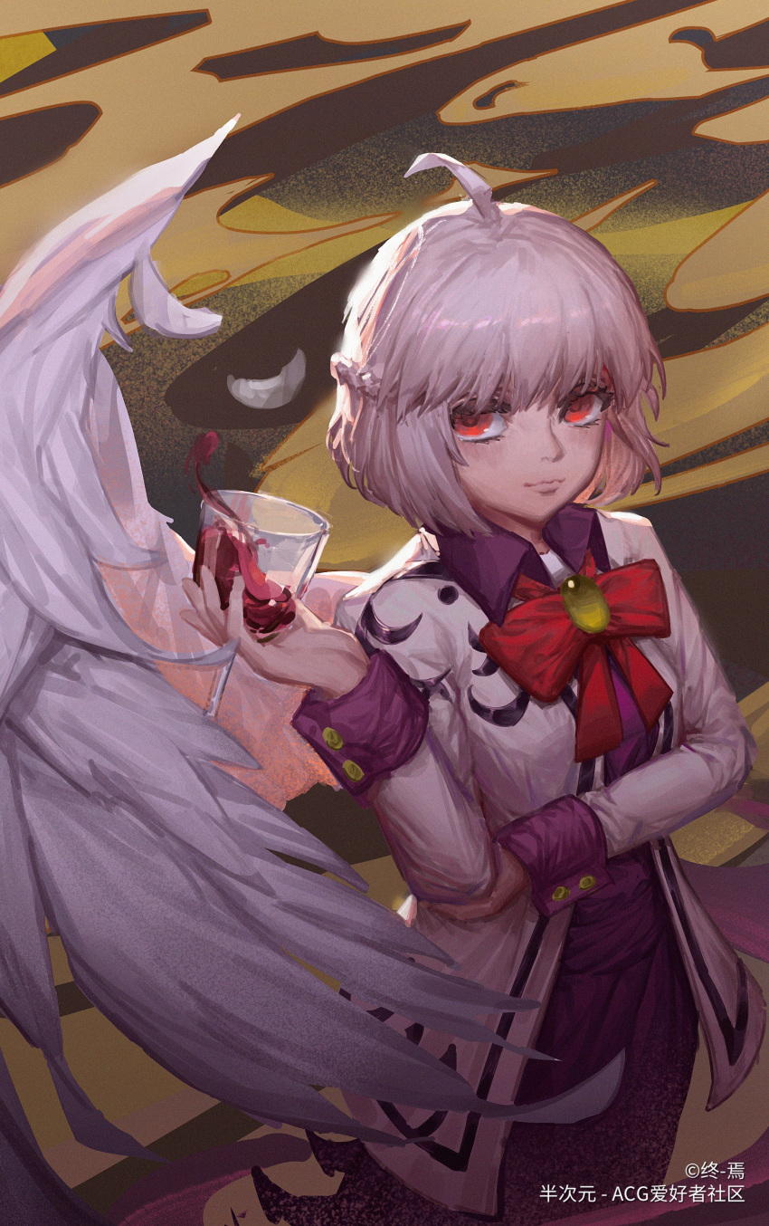 1girl :3 absurdres ahoge bird_wings bow bowtie braid brooch chinese_commentary closed_mouth collared_dress commentary_request copyright cowboy_shot cup dress drinking_glass eyelashes feathered_wings grey_hair highres holding holding_cup holding_own_arm jacket jewelry kishin_sagume long_sleeves looking_at_viewer open_clothes open_jacket purple_dress red_bow red_bowtie red_eyes short_hair single_wing sleeve_cuffs solo touhou white_jacket white_wings wine_glass wings zhong-yan_(2669)