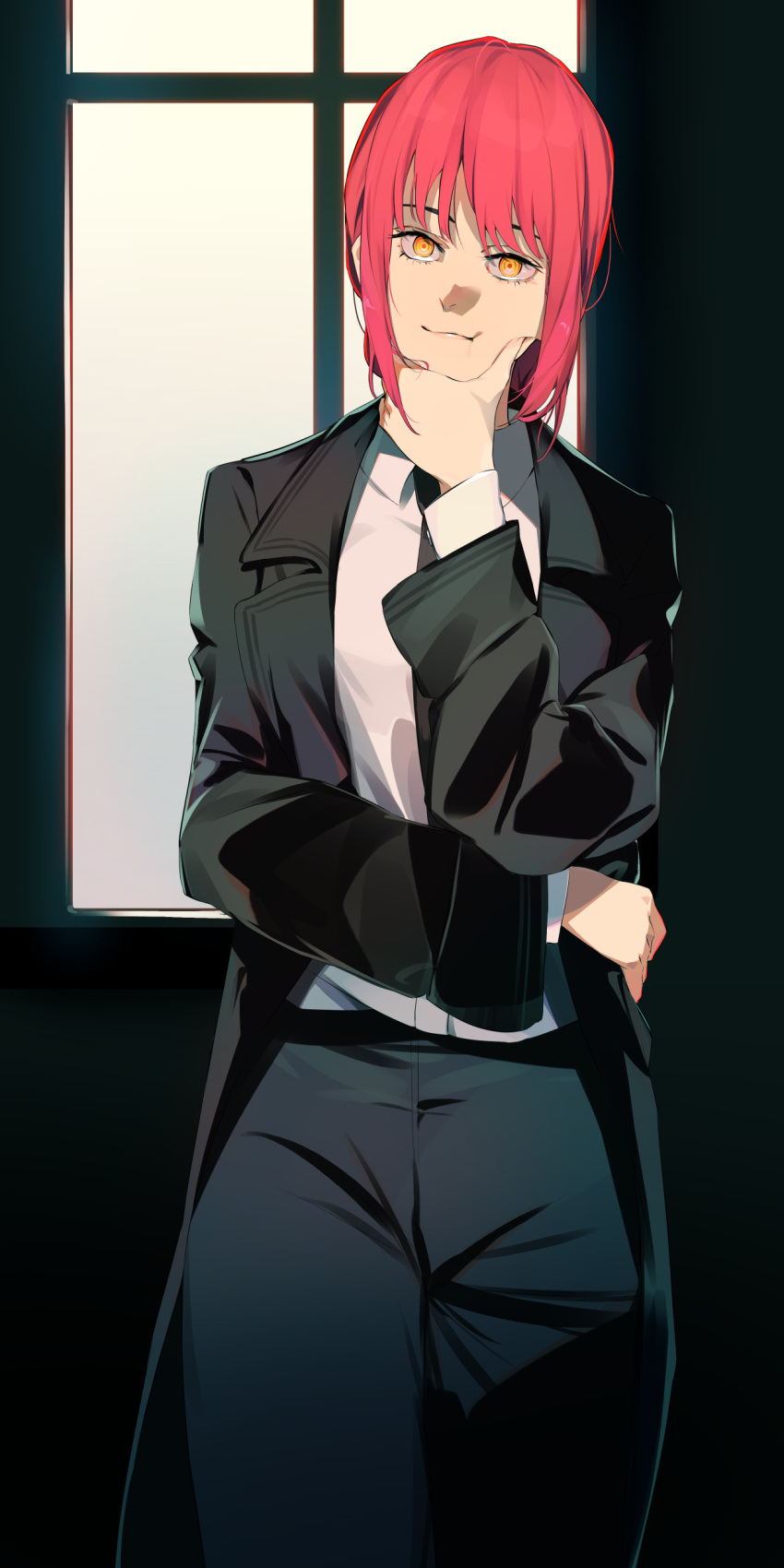 1girl absurdres black_necktie chainsaw_man closed_mouth deep_skin eyelashes formal hand_on_own_chin highres ibaraki_shun long_eyelashes looking_at_viewer makima_(chainsaw_man) necktie pink_hair ringed_eyes smile solo suit thinking window yellow_eyes