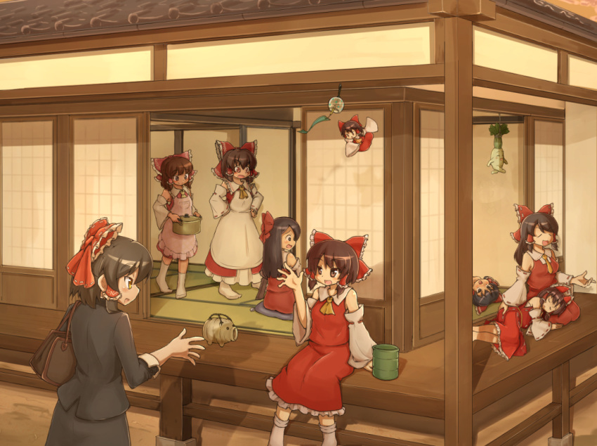 6+girls apron ascot bag bangs benikurage_(cookie) black_eyes black_hair black_jacket black_skirt blush bow breasts brown_eyes brown_hair closed_eyes closed_mouth collared_shirt commentary_request cookie_(touhou) cup daikon detached_sleeves dress feet_out_of_frame frilled_bow frilled_hair_tubes frilled_shirt_collar frilled_skirt frills full_body hair_bow hair_tubes hakurei_reimu jacket kanna_(cookie) knb_(nicoseiga53198051) long_hair looking_at_another medium_breasts medium_hair multiple_girls noel_(cookie) office_lady open_mouth outdoors pink_apron porch radish red_bow red_dress red_eyes red_shirt red_skirt reu_(cookie) reu_daikon ribbon-trimmed_sleeves ribbon_trim rurima_(cookie) sakenomi_(cookie) sananana_(cookie) sarashi shinonome_(cookie) shiromiya_rei shirt short_hair shouji sidelocks skirt skirt_set sleeveless sleeveless_dress sleeveless_shirt sliding_doors small_breasts smile tatami touhou triangle_mouth white_apron white_sleeves wide_sleeves wind_chime yellow_ascot yunomi
