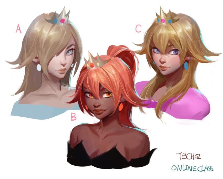 3girls artist_name bare_shoulders blonde_hair blue_eyes bowsette dark-skinned_female dark_skin earrings hair_between_eyes hair_over_one_eye highres jewelry lips multiple_girls new_super_mario_bros._u_deluxe orange_eyes orange_hair ponytail princess_peach rosalina signature sketch super_mario_bros. super_mario_bros._1 super_mario_galaxy tb_choi12 tiara