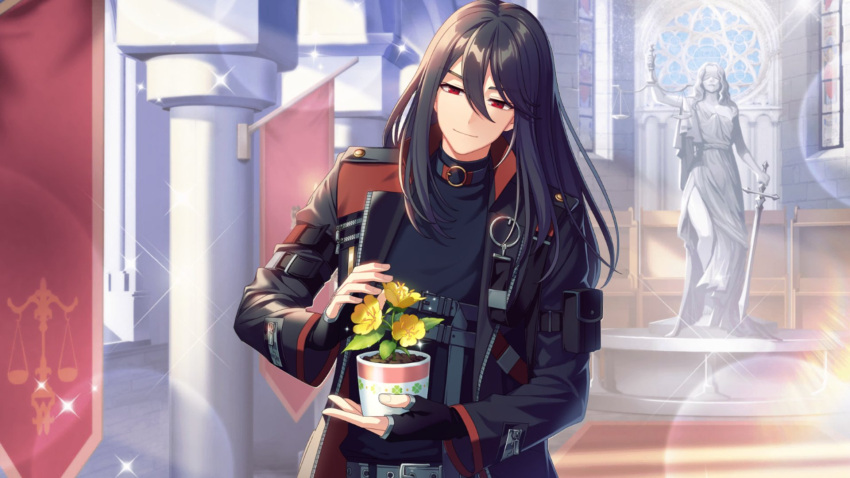 1boy afterl!fe black_hair closed_mouth facing_viewer flower ghilley_(afterl!fe) highres long_hair looking_down male_focus official_art plant potted_plant red_eyes second-party_source smile solo yellow_flower