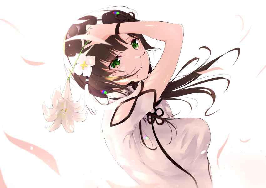 1girl absurdres arm_at_side arm_cutout arm_up assault_lily bangs black_hair blunt_bangs breasts clothing_cutout commentary_request falling_petals floating_hair flower flower_knot gradient gradient_background green_eyes hair_flower hair_ornament hair_over_shoulder hair_scrunchie hand_on_own_head highres holding holding_flower lens_flare light_particles lily_(flower) long_hair looking_at_viewer low_ponytail medium_breasts meen_(ouaughikepdvrsf) parted_lips petals scrunchie shiny shiny_hair shirt short_sleeves side_ponytail solo tassel tassel_hair_ornament upper_body wang_yujia white_background white_flower white_scrunchie white_shirt wristband