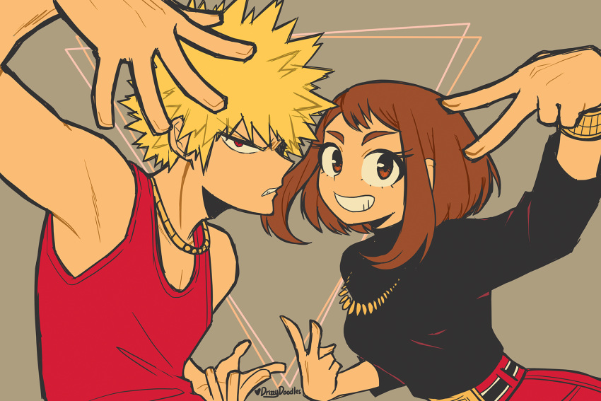 1boy 1girl arm_up bakugou_katsuki black_shirt blonde_hair boku_no_hero_academia bracelet breasts brown_hair commentary dark_skin double_v drizzydoodles english_commentary gold_bracelet gold_necklace grey_background grin highres jewelry looking_at_viewer necklace official_alternate_costume red_eyes red_tank_top shirt short_hair simple_background smile spiky_hair tank_top twitter_username uraraka_ochako v