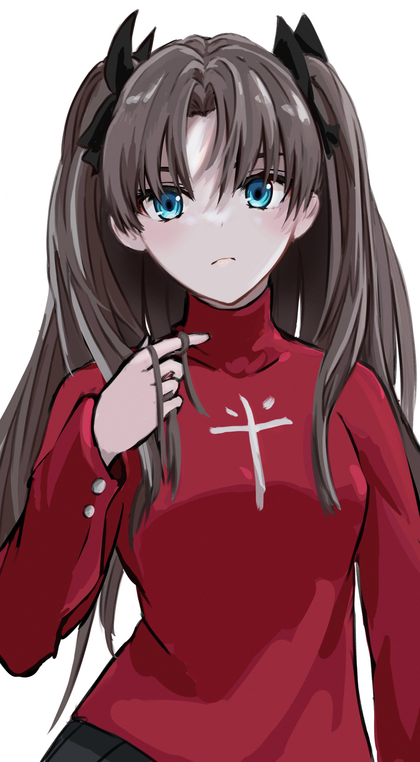 1girl absurdres aibaariu bangs black_bow blue_eyes bow brown_hair closed_mouth fate/stay_night fate_(series) frown hair_between_eyes hair_bow hair_twirling highres long_hair long_sleeves looking_at_viewer red_sweater shiny shiny_hair simple_background solo standing sweater tohsaka_rin turtleneck turtleneck_sweater twintails upper_body very_long_hair white_background