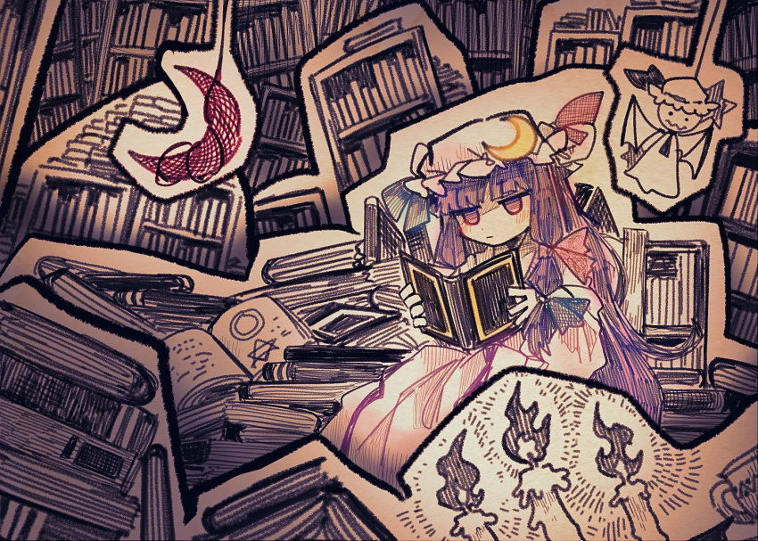 1girl :| blue_ribbon blush book book_stack bookshelf candle closed_mouth commentary crescent_moon cup dress fire flame hair_ribbon hat hat_ribbon holding holding_book itomugi-kun jitome library long_hair mob_cap moon open_book paper_cutout patchouli_knowledge purple_dress purple_hair purple_headwear reading red_moon red_ribbon remilia_scarlet ribbon sidelocks solo teacup touhou very_long_hair violet_eyes