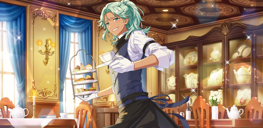 1boy afterl!fe butler dark-skinned_male dark_skin day_(afterl!fe) gloves green_eyes green_hair highres holding holding_plate long_hair looking_at_viewer male_focus official_art plate second-party_source solo sweatdrop teeth