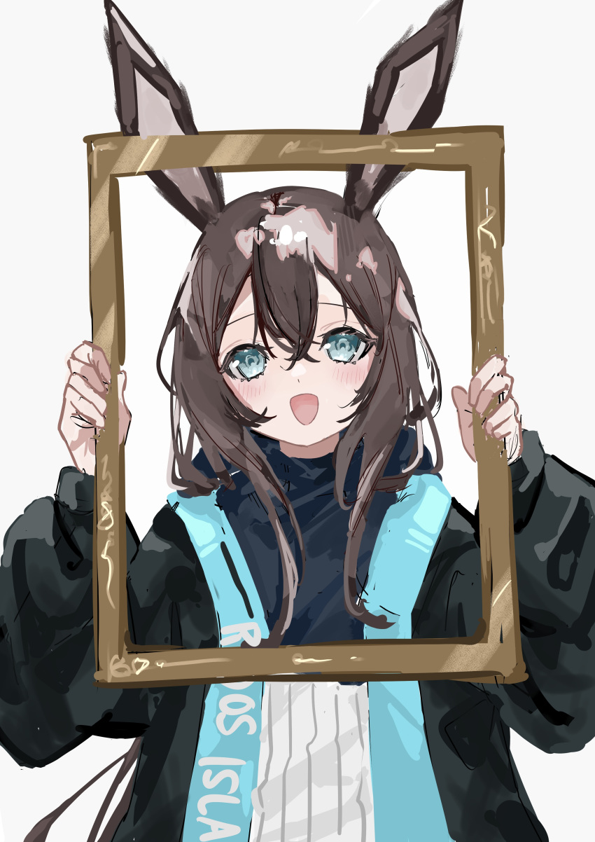 1girl :d absurdres amiya_(arknights) animal_ears arknights black_jacket blue_eyes blush brown_hair clothes_writing hair_between_eyes hands_up highres holding_frame jacket katamayugui long_hair long_sleeves looking_at_viewer open_clothes open_jacket open_mouth picture_frame rabbit_ears shirt simple_background smile solo straight-on upper_body white_background white_shirt