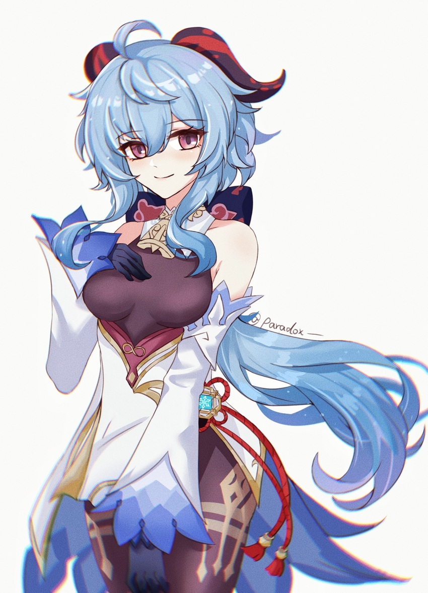 1girl ahoge artist_name bangs bare_shoulders bell black_gloves black_pantyhose blue_hair blush breasts chinese_knot cowboy_shot detached_sleeves flower_knot ganyu_(genshin_impact) genshin_impact gloves gold_trim hand_on_own_chest highres horns legs_together long_hair looking_at_viewer low_ponytail medium_breasts neck_bell pantyhose sidelocks smile solo tassel thighlet violet_eyes vision_(genshin_impact) white_background white_sleeves wxy201014