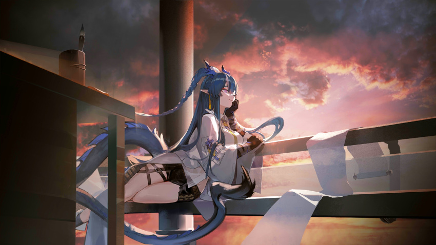 arknights artist_request belt bench black_shorts blue_hair clouds coat colored_skin cup dragon_girl dragon_horns dragon_tail hand_on_own_face highres horns ling_(arknights) long_coat long_hair long_tail looking_to_the_side mug multicolored_skin necktie pointy_ears scroll shorts sitting sunlight sunset tail violet_eyes white_coat white_hair