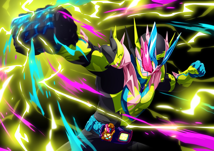 1boy blue_gloves clenched_hand electricity fighting_stance gloves green_armor highres kamen_rider kamen_rider_revi kamen_rider_revice lightning male_focus otokamu pink_armor red_eyes revice_driver rolling_vistamp sharp_teeth solo spiked_armor spikes stamp_mark teeth thundergale_revice thundergale_vistamp vistamp