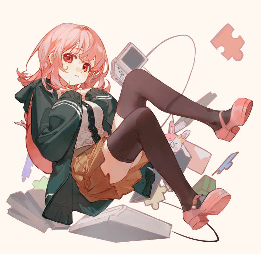 1girl 1other backpack bag bangs black_thighhighs blurry book breasts buttons carrying_bag ciloranko danganronpa_(series) depth_of_field expressionless floating green_jacket hand_on_own_chest highres hood hooded_jacket jacket light_blush long_jacket looking_at_viewer medium_breasts monomi_(danganronpa) nanami_chiaki orange_skirt pink_bag pink_eyes pink_footwear pink_hair puzzle_piece shirt short_hair skirt thigh-highs white_background white_shirt
