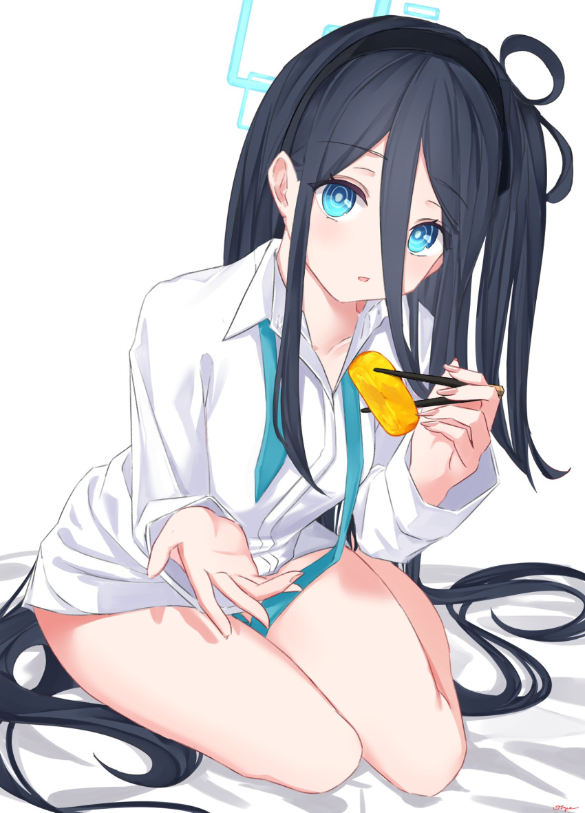 1girl arisu_(blue_archive) bed_sheet black_hairband blue_archive blue_eyes blue_necktie chopsticks collarbone collared_shirt dark_blue_hair food hairband highres long_hair looking_at_viewer lying naked_shirt necktie on_bed outstretched_hand ringed_eyes shirt vayneeeee