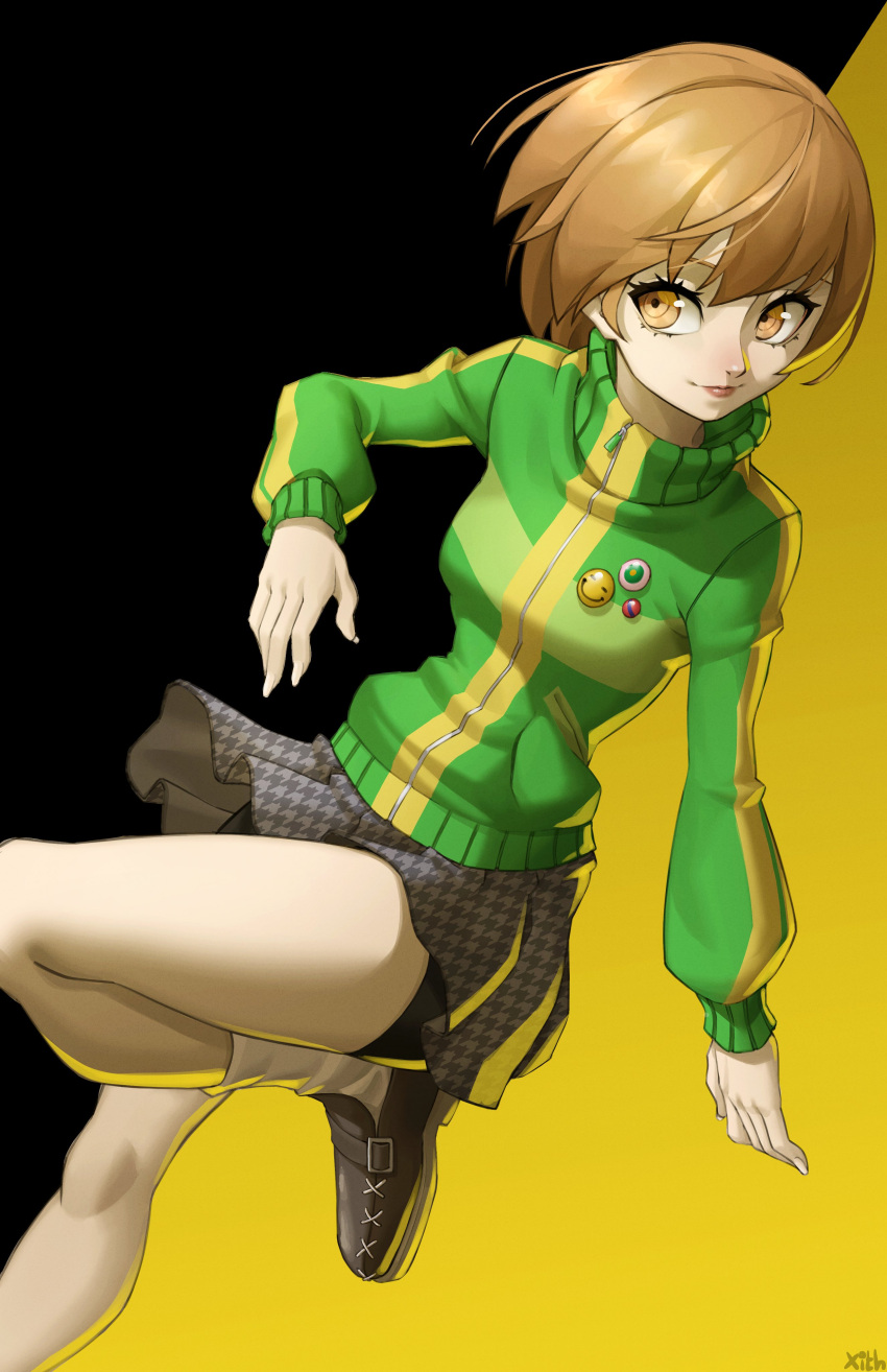 1girl absurdres badge black_background breasts brown_eyes brown_hair button_badge buttons foot_out_of_frame green_jacket grey_skirt hair_between_eyes high_collar highres jacket leg_up long_sleeves looking_to_the_side medium_breasts persona persona_4 pleated_skirt satonaka_chie short_hair skirt smiley_face solo track_jacket two-tone_background x_xith_x yellow_background