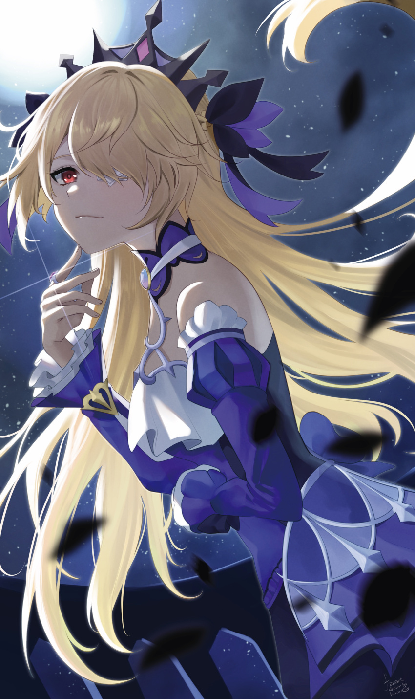 1girl absurdres blonde_hair bow commentary_request detached_sleeves dress eyepatch fischl_(genshin_impact) genshin_impact hair_bow highres jewelry kinaco_4738 light_smile long_hair long_sleeves looking_at_viewer moon purple_dress red_eyes ring signature sky solo star_(sky) starry_sky tiara