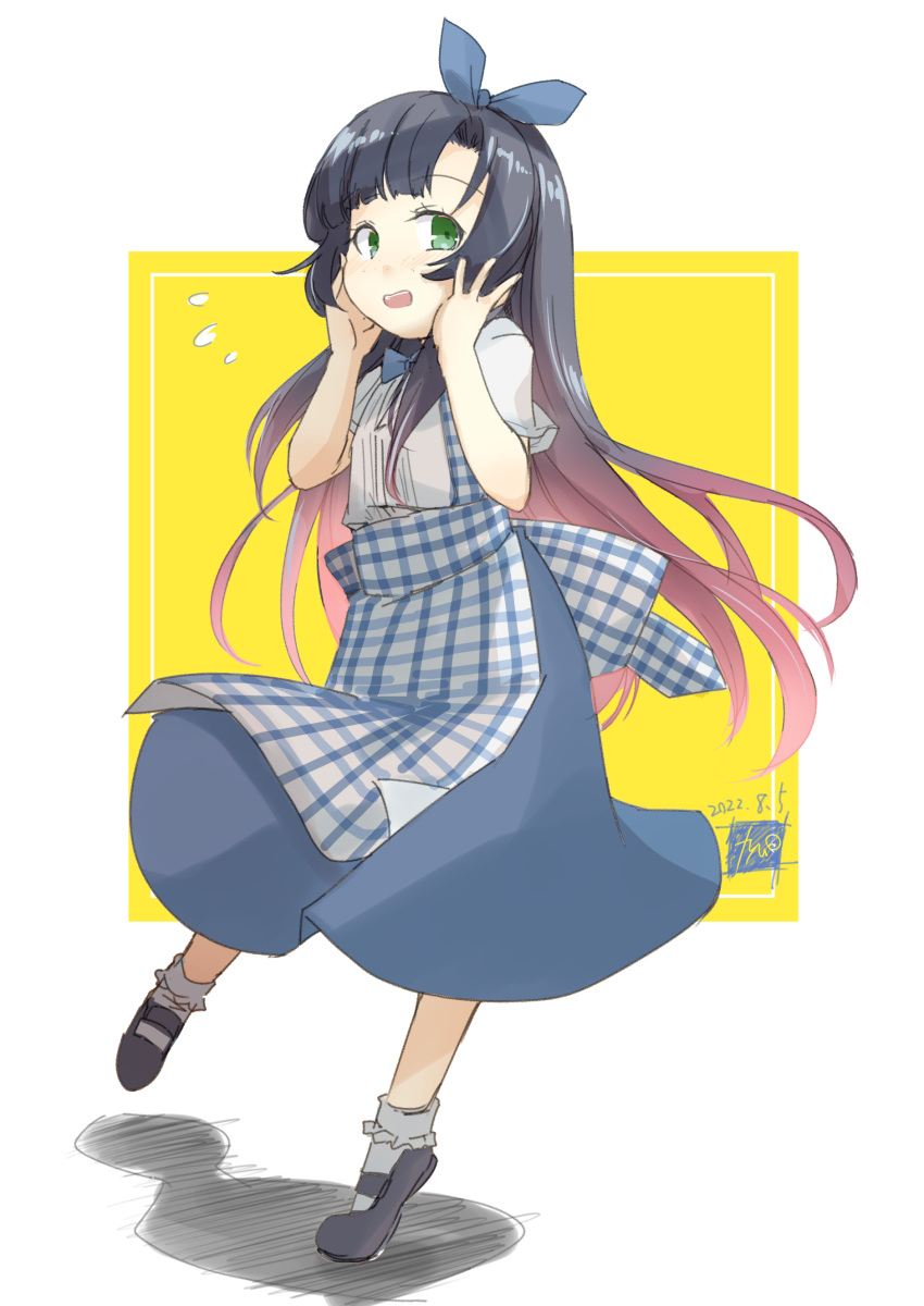 1girl absurdres apron artist_logo black_hair blue_apron blue_bow blue_bowtie blue_ribbon blue_skirt bow bowtie checkered_apron dated duplicate employee_uniform freckles full_body fyuo gingham gingham_apron gradient_hair green_eyes high-waist_skirt highres kantai_collection kobeya_uniform long_hair matsuwa_(kancolle) multicolored_hair pink_hair pixel-perfect_duplicate plaid plaid_apron pleated_shirt ribbon shadow shirt shoes short_sleeves skirt socks solo uniform waitress white_background white_shirt yellow_background