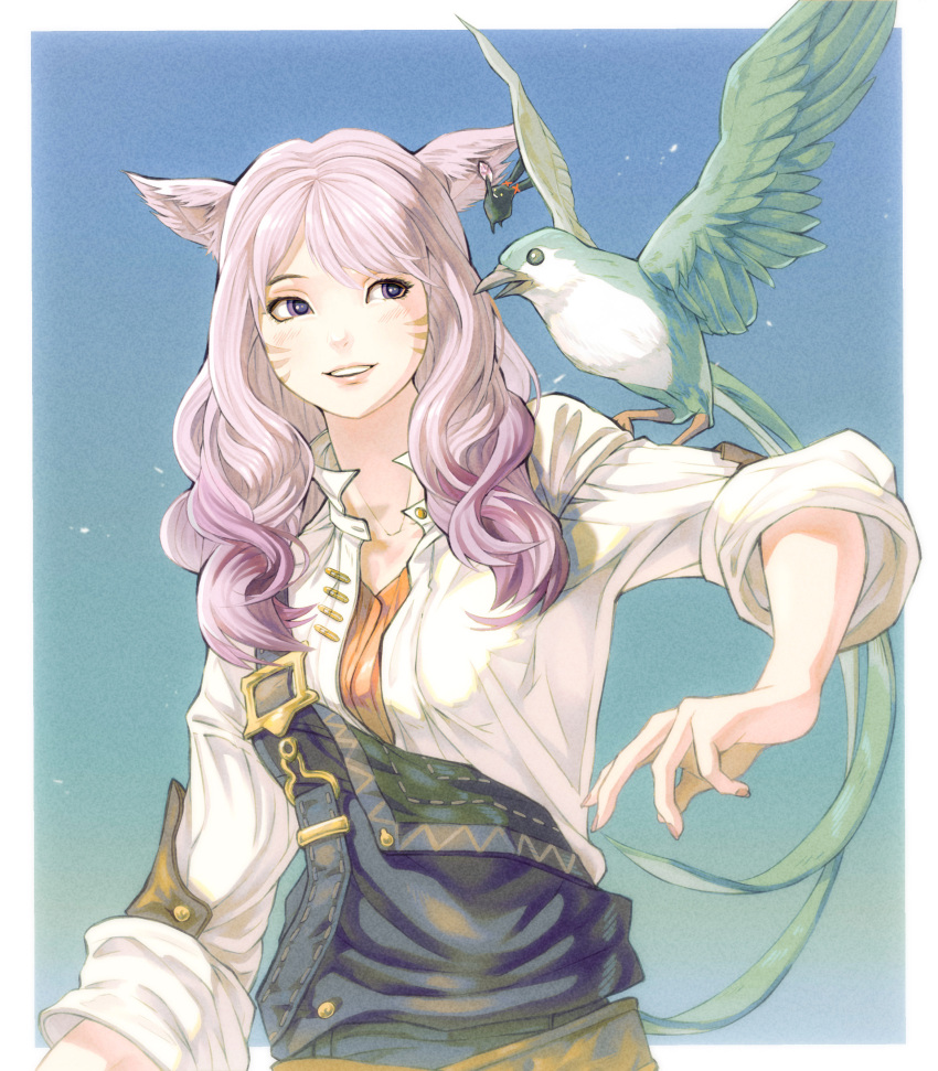 1girl absurdres animal_ears animal_on_shoulder arm_at_side avatar_(ff14) bangs belt_buckle bimel_isabella bird bird_on_shoulder blue_background blue_bird border buckle cat_ears collared_shirt commentary earrings facial_mark final_fantasy final_fantasy_xiv gradient_hair highres jewelry long_hair looking_at_animal looking_to_the_side miqo'te multicolored_hair open_mouth outside_border pink_hair purple_hair shirt sideways_glance single_earring smile solo spriggan_(final_fantasy) standing suspenders two-tone_hair upper_body violet_eyes wavy_hair white_border white_shirt