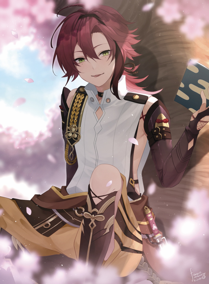 1boy :p absurdres book brown_hair cherry_blossoms commentary_request genshin_impact green_eyes highres holding holding_book japanese_clothes kinaco_4738 male_focus medium_hair mole mole_under_eye shikanoin_heizou smile solo tongue tongue_out