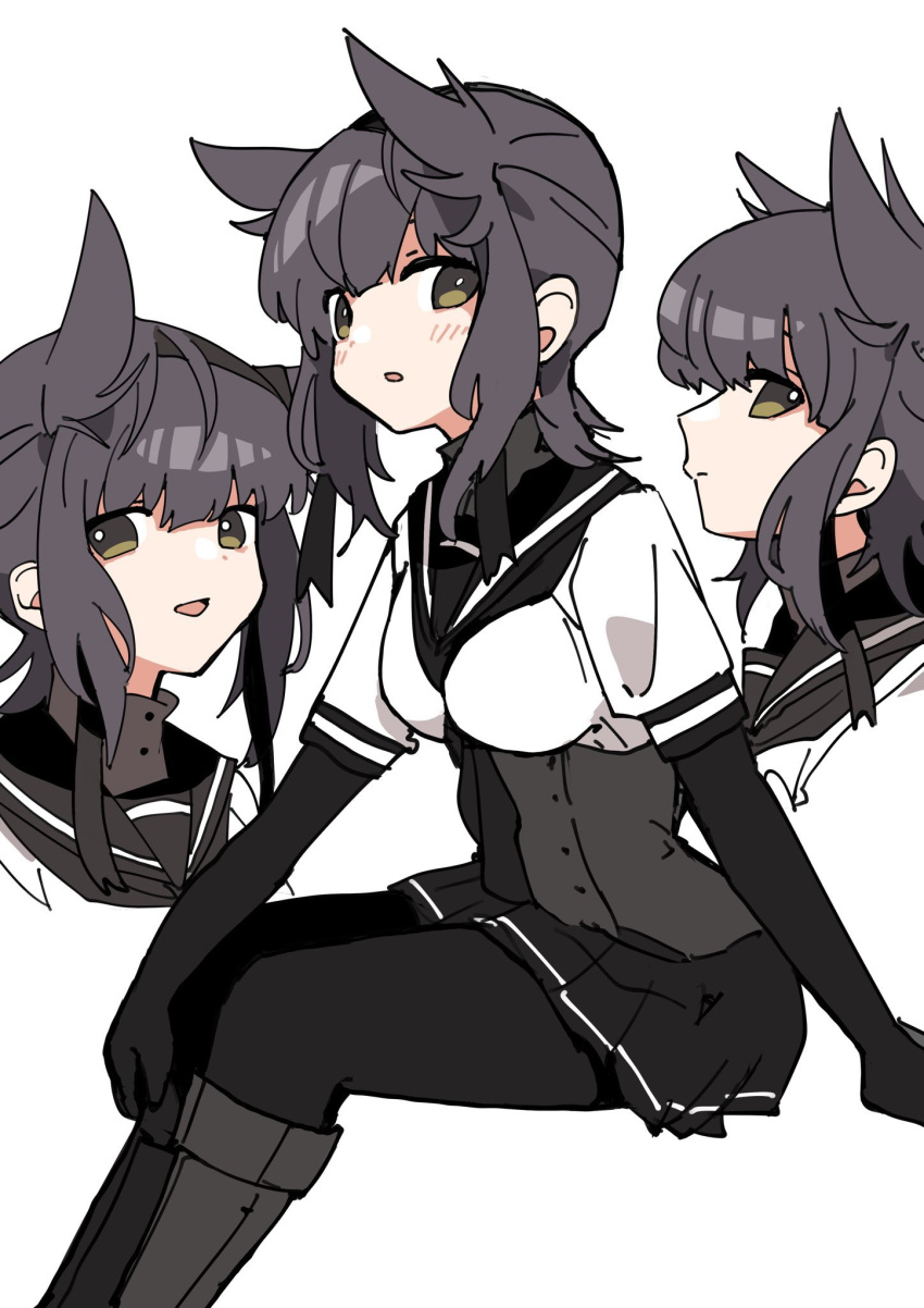 11sayuwan11 1girl bangs black_bodysuit black_hair black_headband black_neckerchief black_sailor_collar blush bodysuit boots breasts brown_eyes closed_mouth hachimaki hair_flaps hatsuzuki_(kancolle) headband highres invisible_chair kantai_collection knee_boots medium_breasts multiple_views neckerchief parted_lips sailor_collar school_uniform simple_background sitting white_background