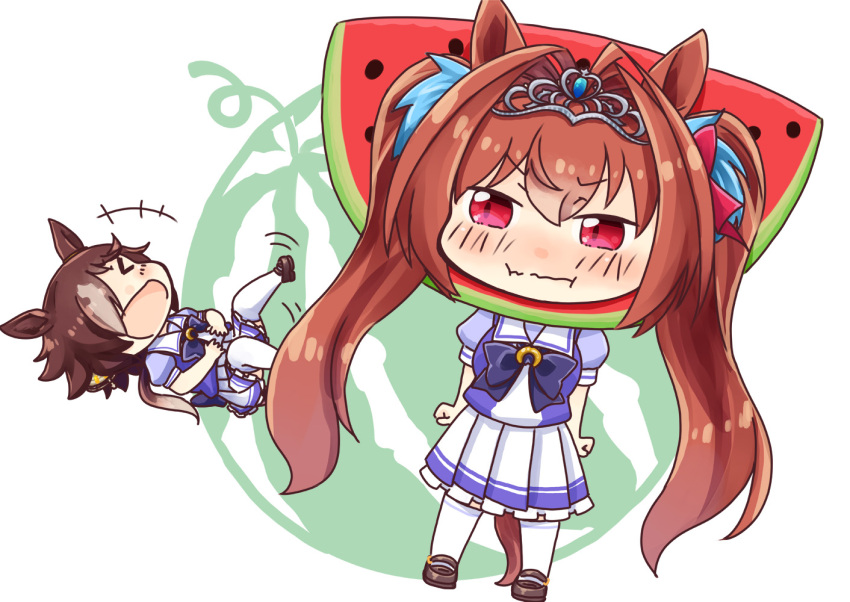 &gt;_&lt; +++ 2girls animal_ears bangs blush bow bowtie brown_footwear brown_hair check_commentary chibi closed_eyes closed_mouth commentary_request daiwa_scarlet_(umamusume) ear_ornament food frilled_skirt frills fruit fruit_costume full_body hair_between_eyes hair_intakes hair_over_one_eye hinata_yuu horse_ears horse_girl horse_tail horseshoe_ornament laughing long_hair low_ponytail lying miniskirt multicolored_hair multiple_girls on_back open_mouth pleated_skirt pout puffy_short_sleeves puffy_sleeves pun purple_bow purple_bowtie purple_shirt red_eyes sailor_collar sailor_shirt school_uniform serafuku shirt shoes short_sleeves sidelocks skirt smile standing summer_uniform tail thigh-highs tiara tracen_school_uniform twintails two-tone_hair umamusume very_long_hair vodka_(umamusume) watermelon white_background white_skirt white_thighhighs