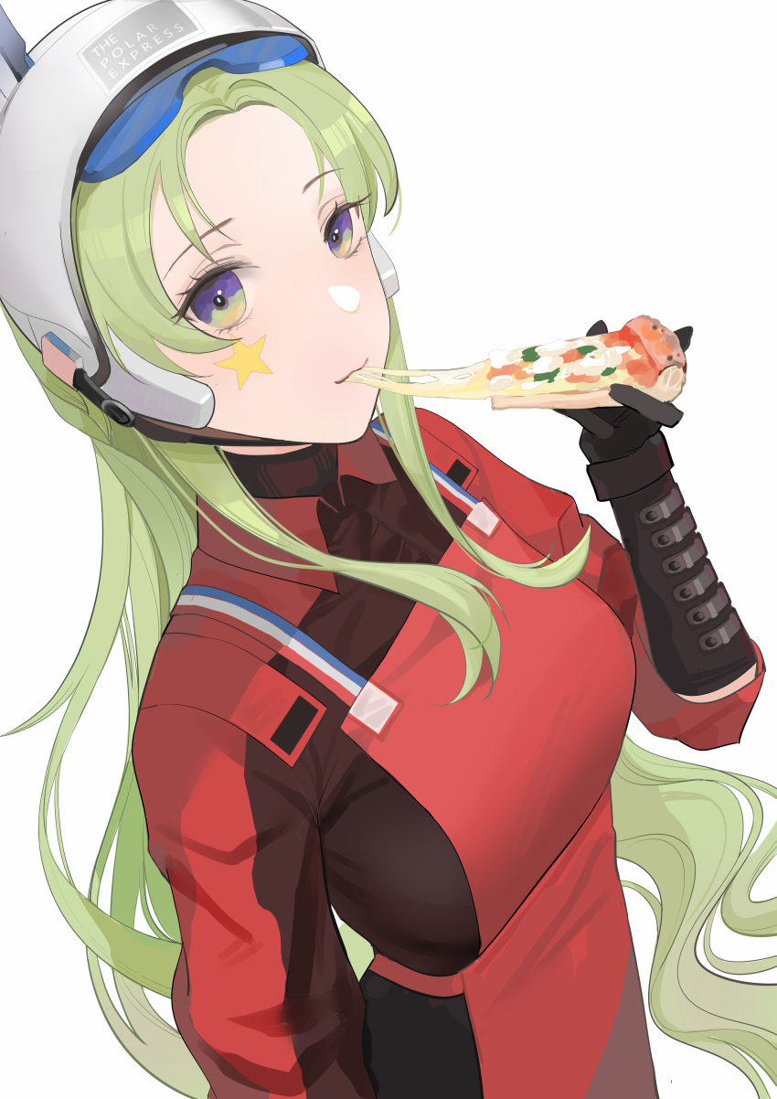1girl absurdres animal_ears apron bangs black_gloves blue_eyes breasts chilli_646 closed_mouth eating elbow_gloves eyewear_on_head facial_mark fake_animal_ears food fp-6_(girls'_frontline) fp-6_(satellite_of_love)_(girls'_frontline) girls_frontline gloves green_hair helmet highres holding holding_food holding_pizza long_hair long_sleeves looking_at_viewer motorcycle_helmet multicolored_eyes official_alternate_costume orange_eyes pizza polo_shirt red_apron red_shirt safety_glasses shirt solo standing star_(symbol) star_facial_mark star_tattoo tattoo white_background white_helmet