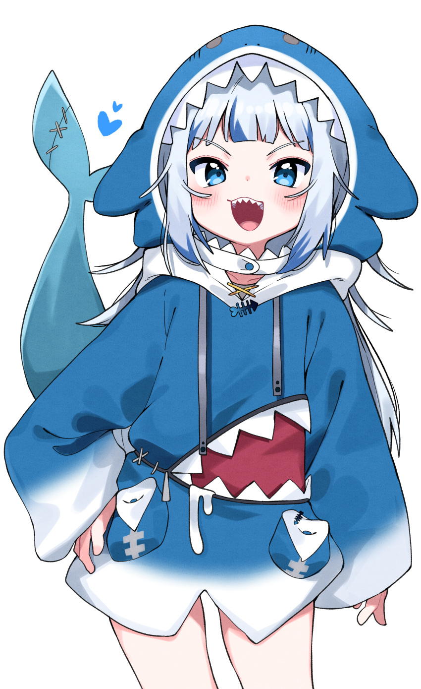 1girl :d absurdres bangs blue_eyes blue_hair blue_hoodie blush commentary drawstring fish_tail gawr_gura hand_on_hip heart highres hololive hololive_english hood hood_up hoodie long_sleeves looking_at_viewer multicolored_hair shark_tail sharp_teeth simple_background sleeves_past_wrists smile solo standing streaked_hair tail tail_raised teeth tosyeo v-shaped_eyebrows virtual_youtuber white_background wide_sleeves