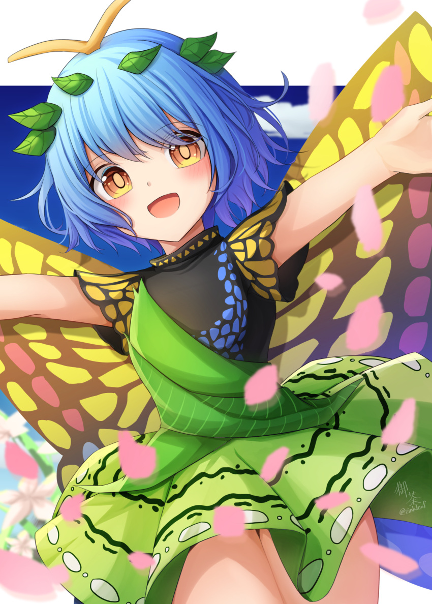 1girl antennae aqua_hair artist_name blush butterfly_wings cowboy_shot dress eternity_larva fairy green_dress hair_between_eyes highres leaf leaf_on_head multicolored_clothes multicolored_dress open_mouth orange_eyes outstretched_arms short_hair short_sleeves signature smile solo spread_arms touhou twitter_username wings yu_cha
