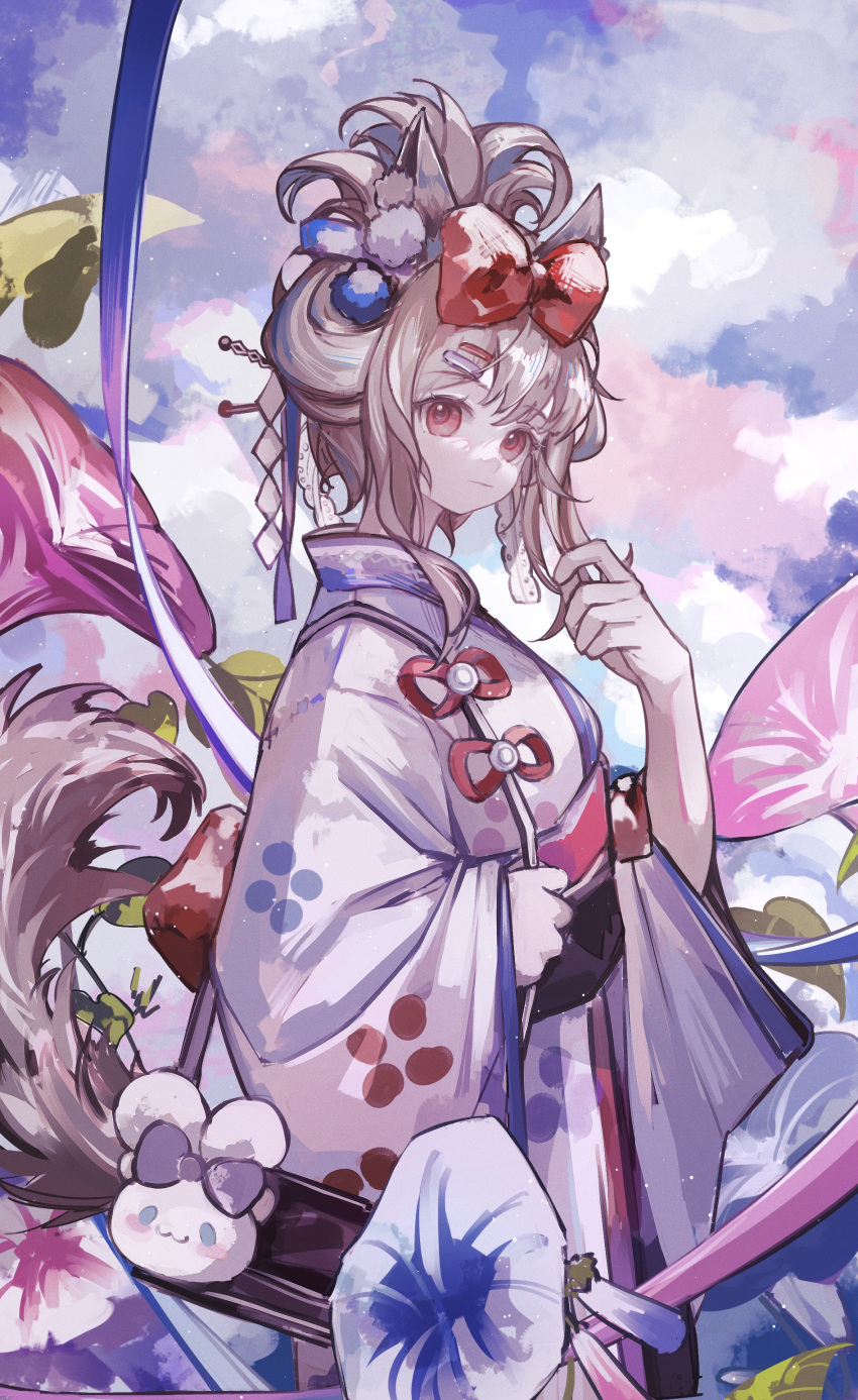 1girl absurdres alternate_costume alternate_hairstyle angelina_(arknights) animal_ear_fluff animal_ears arknights blue_flower bow cinnamiku closed_mouth clouds cloudy_sky cowboy_shot flower fox_ears fox_girl fox_tail hair_bow hair_ornament hair_stick highres japanese_clothes kimono long_hair long_sleeves mido_(mido_chen) obi red_bow red_flower sash sky smile solo tail tassel vocaloid white_kimono wide_sleeves