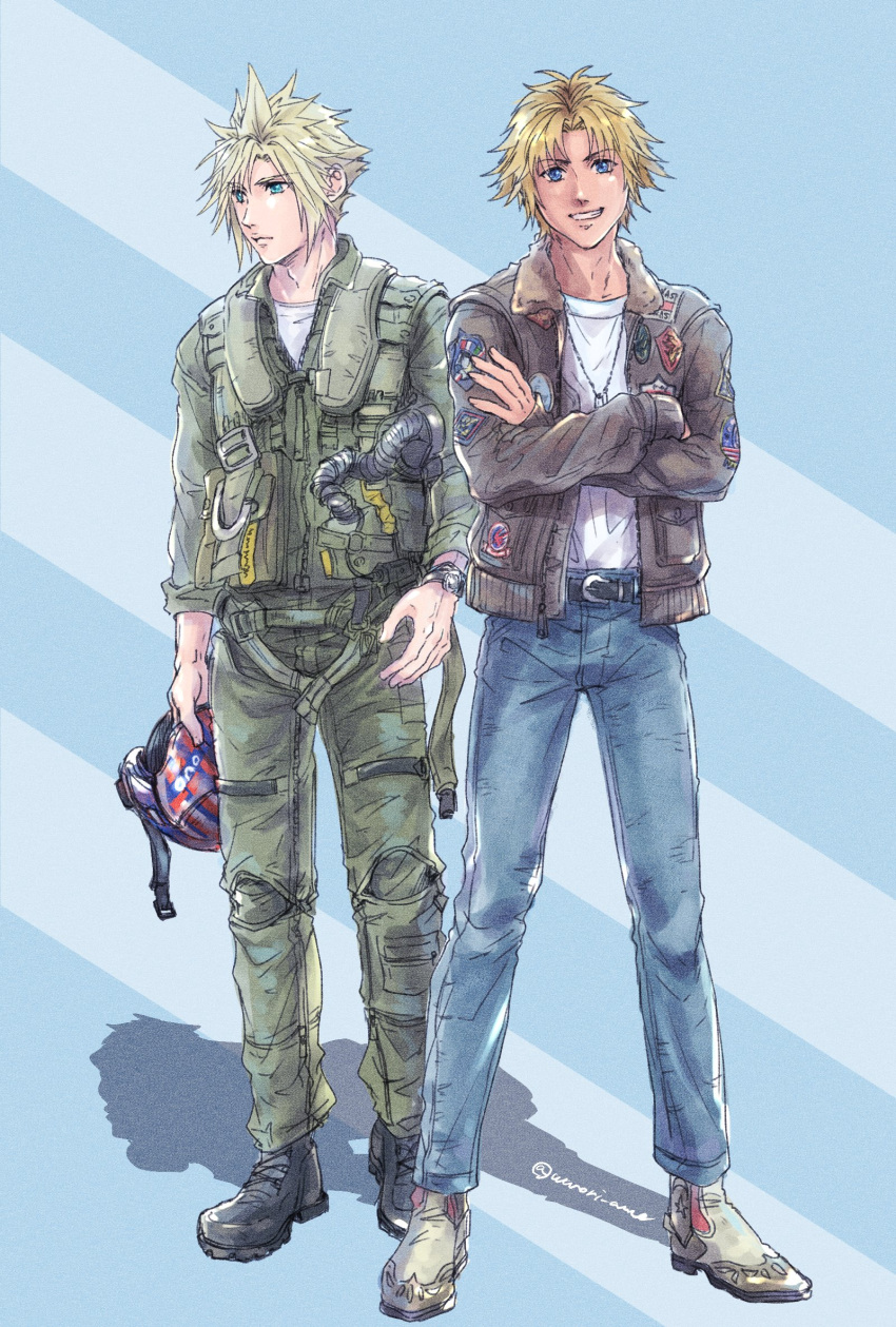 2boys alternate_costume bangs belt belt_buckle black_footwear blonde_hair blue_background blue_eyes blue_pants bomber_jacket boots buckle chain_necklace cloud_strife cowboy_boots crossed_arms crossover denim final_fantasy final_fantasy_vii final_fantasy_vii_remake final_fantasy_x full_body green_jacket green_jumpsuit green_pants grin helmet highres holding holding_helmet jacket jeans jewelry jumpsuit looking_at_viewer looking_to_the_side male_focus multiple_boys necklace pants parted_bangs pilot_suit shirt short_hair smile spiky_hair striped striped_background tidus top_gun:_maverick warori_anne white_shirt