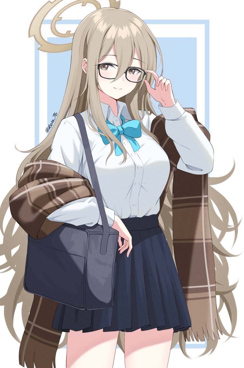 1girl adjusting_eyewear akane_(blue_archive) bag blue_archive blue_bow blue_bowtie blue_skirt bow bowtie brown_scarf collared_shirt glasses halo highres light_brown_hair long_hair plaid plaid_scarf pleated_skirt reia_76 scarf school_uniform shirt shirt_tucked_in skirt smile white_shirt