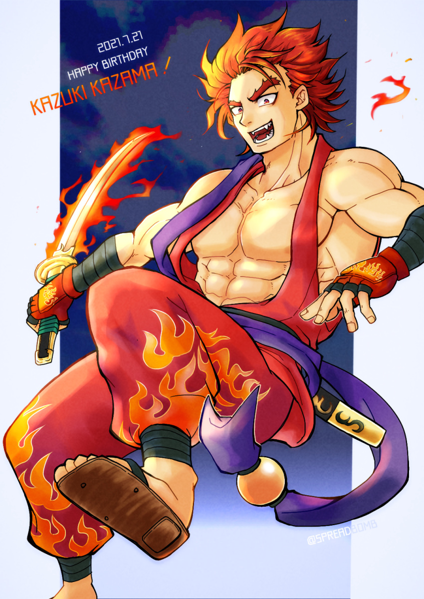 1boy abs bangs dated fangs fingerless_gloves fire flame_print flaming_sword flaming_weapon gloves happy_birthday highres hirano_(spreadbomb) holding japanese_clothes kazama_kazuki looking_at_viewer male_focus muscular muscular_male pants pectorals red_eyes red_gloves redhead samurai_spirits sandals sheath short_hair smile solo sword thick_eyebrows weapon zouri