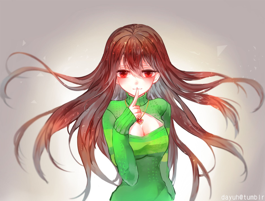 1girl bangs blush chara_(undertale) cleavage_cutout closed_mouth dayuh ears eyebrows eyebrows_behind_hair female_focus female_only finger_on_lips green_sweater green_turtleneck green_turtleneck_sweater hair_blowing heart jewelry locket long_bangs long_hair open_eyes pendant red_eyes shushing sweater turtleneck turtleneck_sweater undertale upper_body