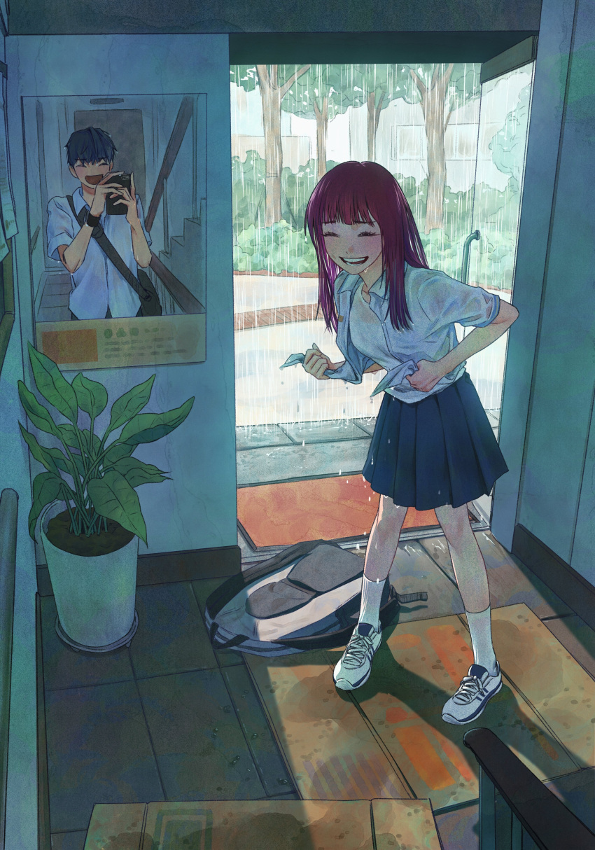 1boy 1girl absurdres backpack bag bangs black_hair blunt_bangs bush closed_eyes collared_shirt ddini doorway highres laughing mirror open_mouth original plant pleated_skirt potted_plant rain redhead reflection shirt skirt smile socks teeth tree wet wet_clothes white_socks