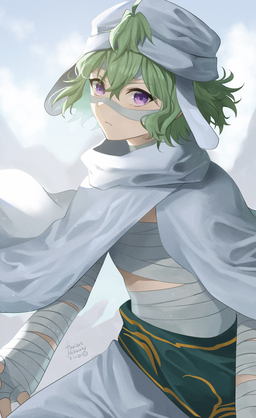 1girl absurdres bandaged_arm bandages cloak closed_mouth collei_(genshin_impact) commentary genshin_impact green_hair highres kinaco_4738 looking_at_viewer short_hair signature solo violet_eyes white_cloak white_headwear