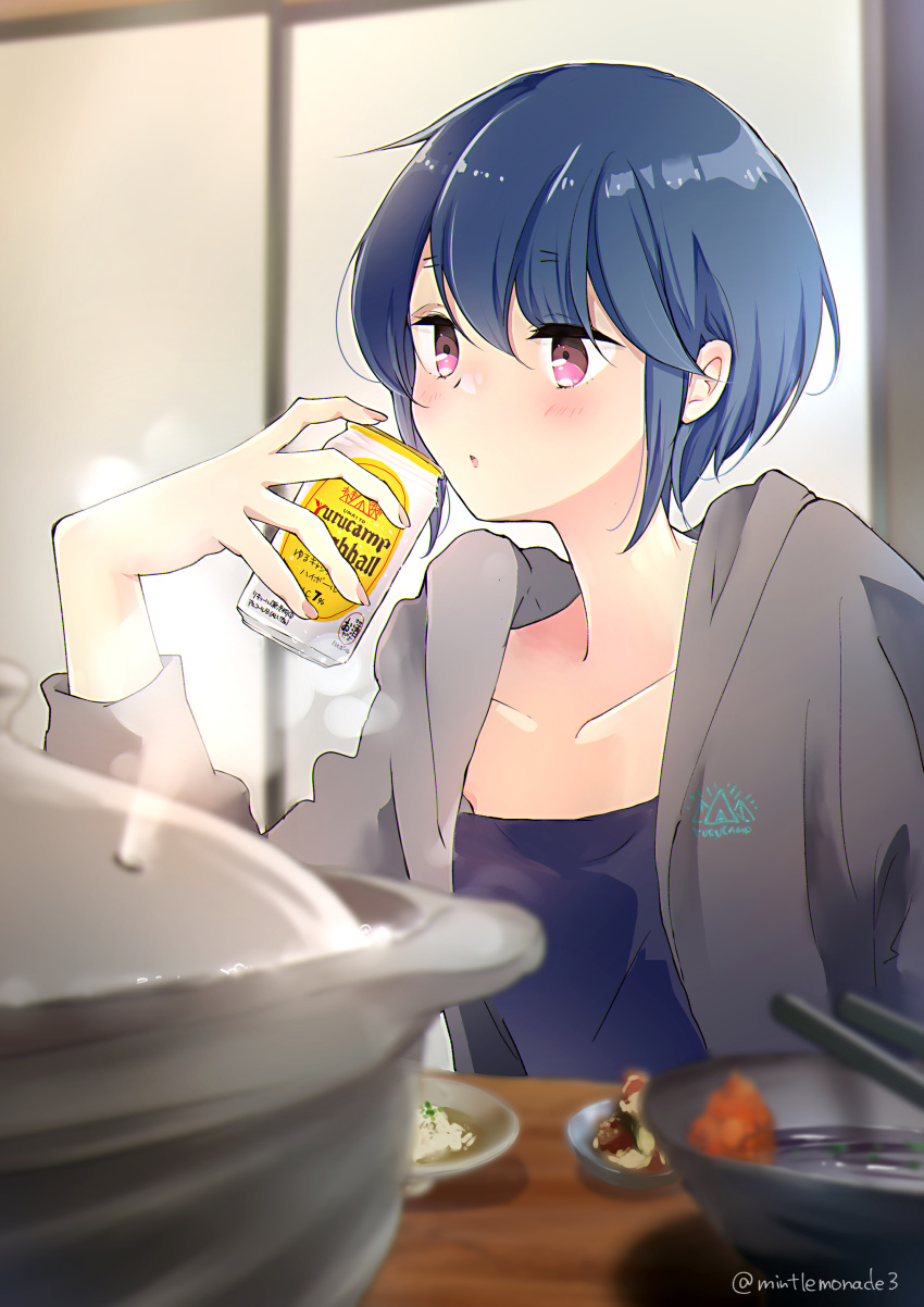 1girl absurdres alcohol blue_hair blurry blurry_background blurry_foreground can depth_of_field food highres hood hoodie mint_(mintlemonade3) nabe older shima_rin short_hair solo violet_eyes yurucamp