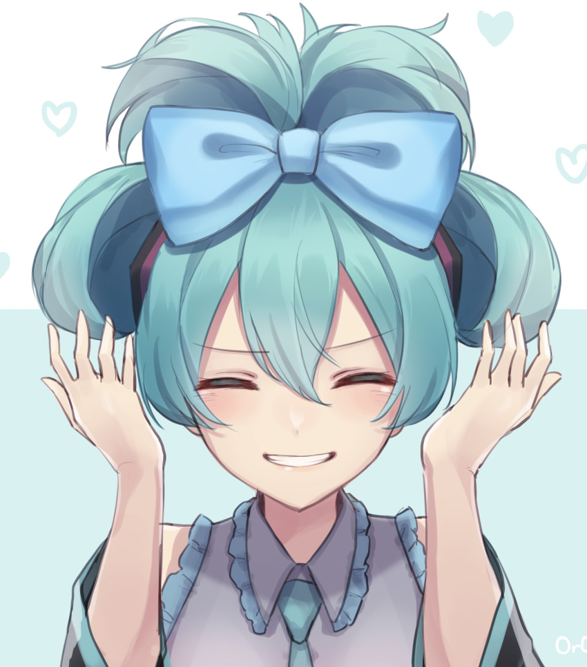 1girl bangs black_sleeves blue_background blue_bow blue_hair blue_necktie bow cinnamiku clenched_teeth closed_eyes collared_shirt detached_sleeves facing_viewer frilled_shirt frills grey_shirt grin hair_between_eyes hair_bow hair_ornament hatsune_miku heart highres long_hair long_sleeves necktie orowt3 portrait shirt smile solo teeth two-tone_background vocaloid white_background wing_collar