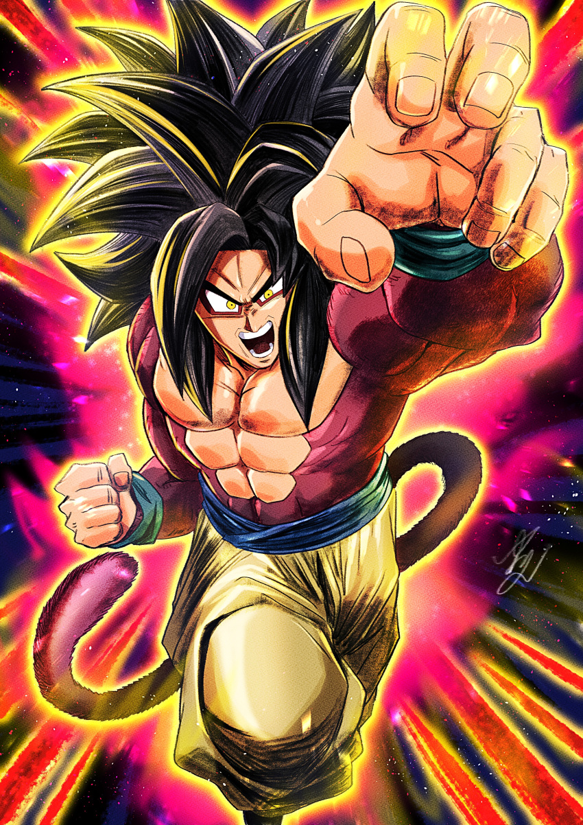 1girl absurdres attack black_hair body_fur clenched_hand dougi dragon_ball dragon_ball_gt fighting_stance foreshortening highres incoming_attack incoming_punch looking_at_viewer male_focus monkey_boy monkey_tail muscular muscular_male pants punching red_fur serious son_goku spiky_hair super_saiyan super_saiyan_4 tail teeth topless_male yuuri_(fukuroudou)