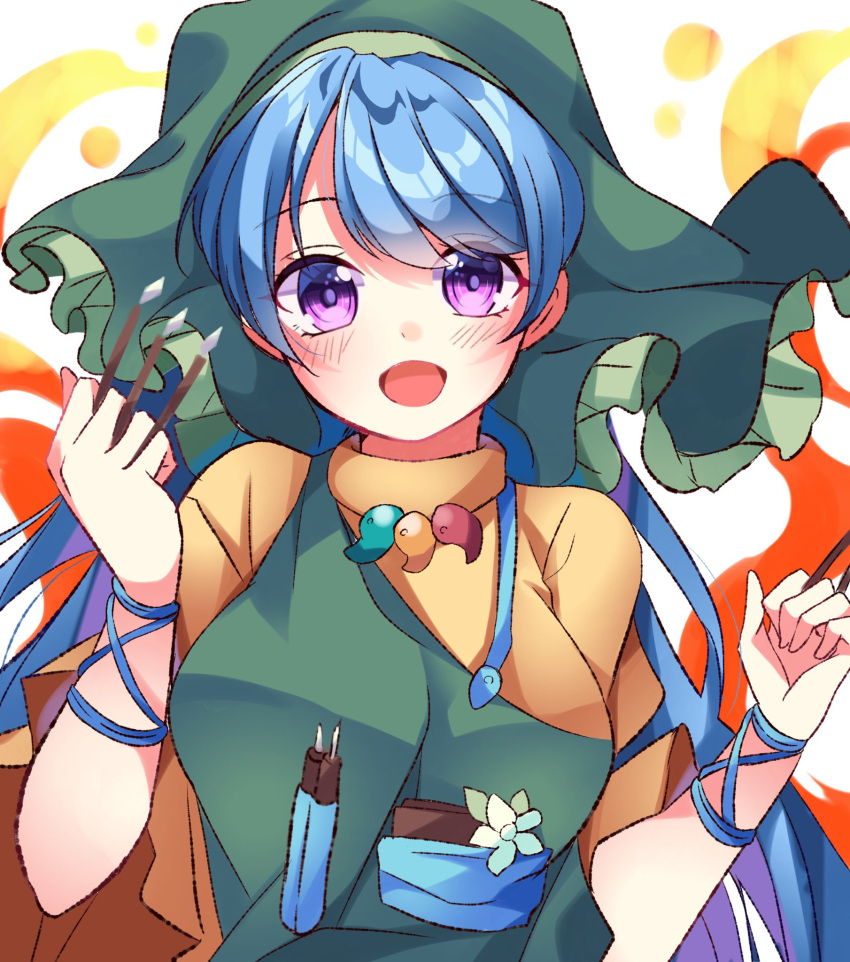 1girl apron arm_ribbon bangs between_fingers blue_hair blue_ribbon blush breasts brush commentary_request dress eyes_visible_through_hair fingernails flower green_apron green_headwear green_scarf hair_between_eyes hands_up haniyasushin_keiki head_scarf highres jewelry large_breasts leaf long_fingernails long_hair looking_at_viewer magatama magatama_necklace meimei_(meimei89008309) necklace open_mouth pocket puffy_short_sleeves puffy_sleeves ribbon scarf short_sleeves simple_background smile solo tongue tools touhou upper_body violet_eyes white_background white_flower yellow_dress