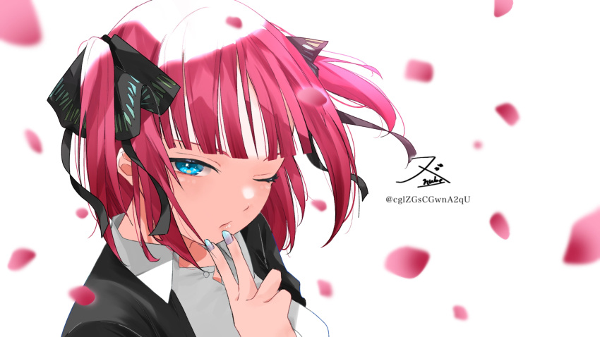 1girl bangs black_cardigan black_ribbon blue_eyes blunt_bangs butterfly_hair_ornament cardigan finger_to_mouth go-toubun_no_hanayome hair_ornament highres multicolored_nails nail_polish nakano_nino nube one_eye_closed open_cardigan open_clothes petals pink_hair ribbon shirt simple_background twintails v v-shaped_eyebrows white_background white_shirt