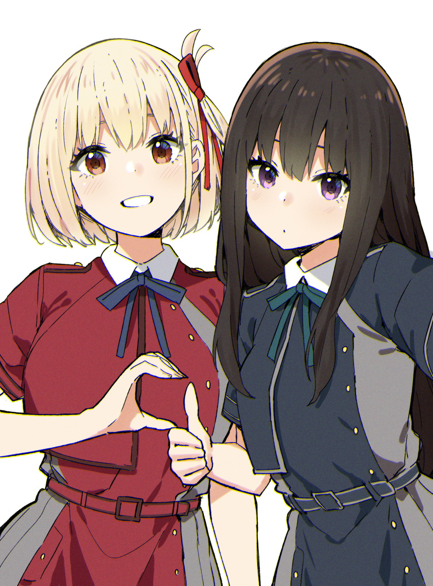 2girls bangs black_hair blonde_hair blush brown_eyes hair_ornament heart_hands_failure highres inoue_takina long_hair looking_at_viewer lycoris_recoil multiple_girls nishikigi_chisato parted_lips short_hair short_sleeves simple_background sky-freedom smile thumbs_up violet_eyes white_background
