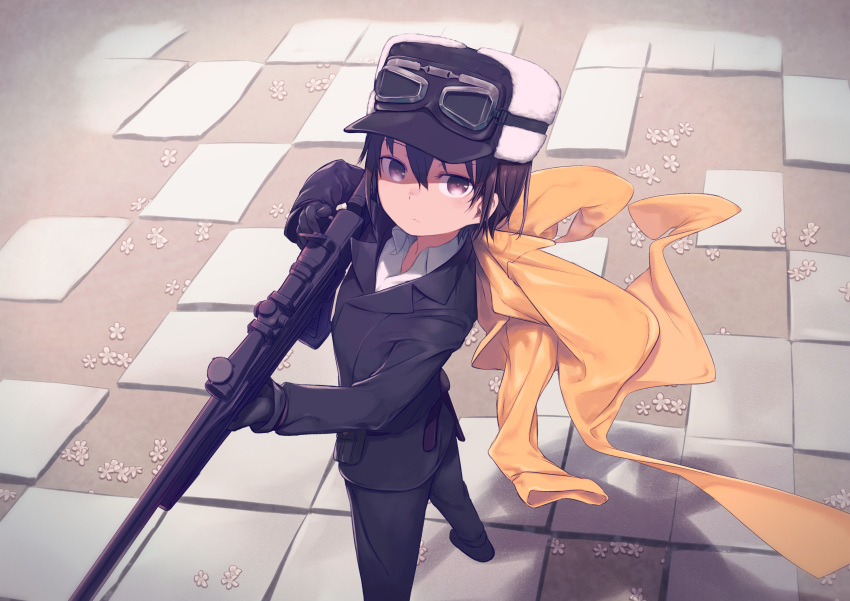 1girl :&lt; absurdres androgynous belt belt_pouch black_eyes black_hair black_jacket black_pants bolt_action breasts brown_belt coat coat_on_shoulders commentary daisi_gi dress_shirt expressionless floating_clothes foreshortening from_above fur_hat goggles goggles_on_head gun hat highres holding holding_gun holding_weapon jacket kino_(kino_no_tabi) kino_no_tabi looking_at_viewer looking_up outdoors pants petals pouch rifle scope shaded_face shadow shirt small_breasts solo standing stone_floor symbol-only_commentary tomboy ushanka weapon white_shirt yellow_coat